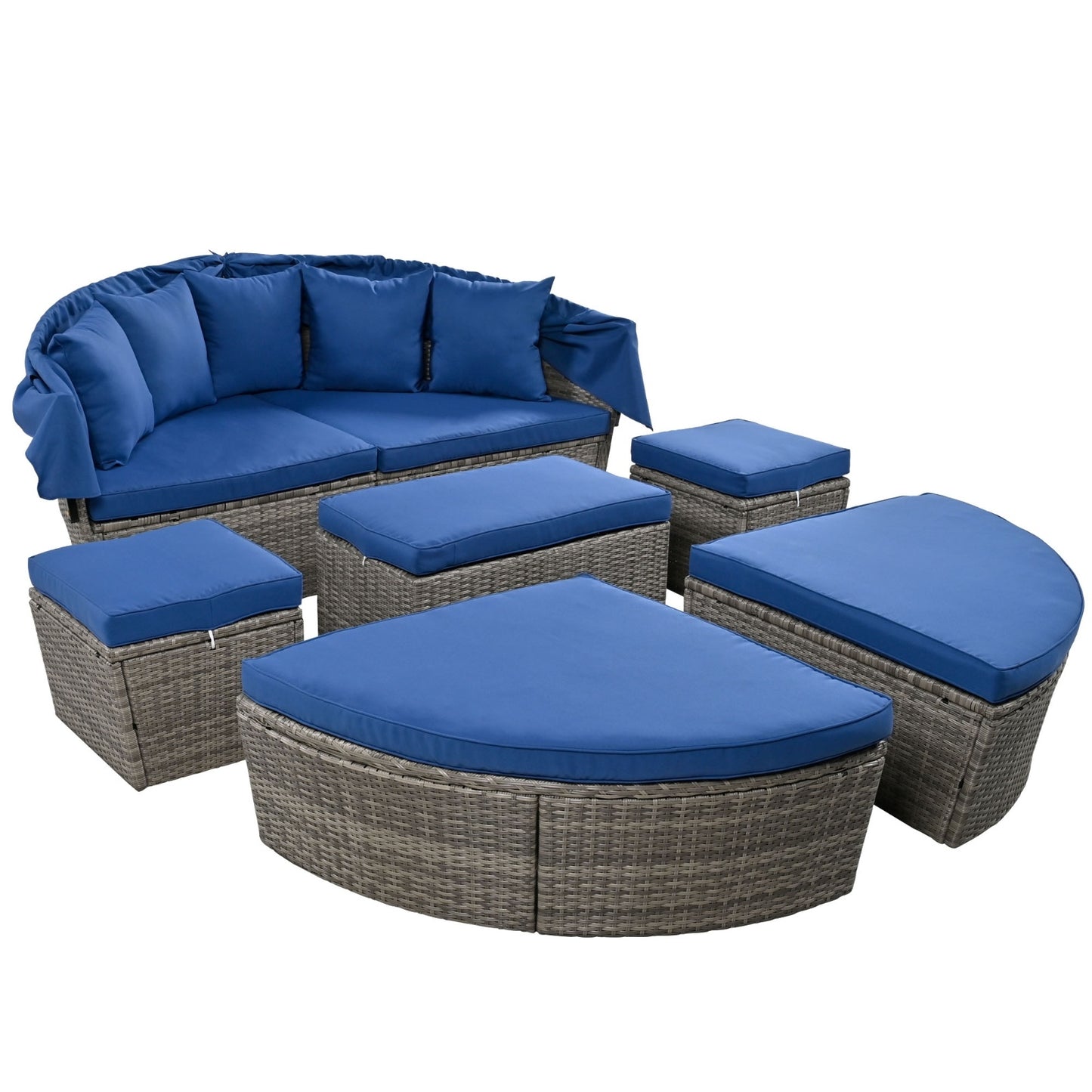 GO Outdoor Rattan Daybed Sunbed With Retractable Canopy Wicker Furniture, Round Outdoor Sectional