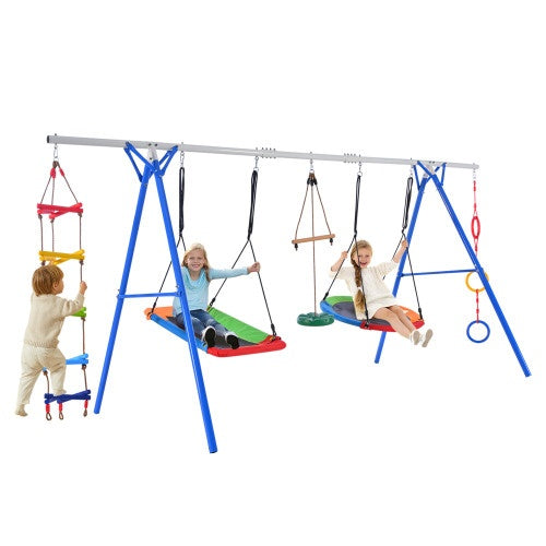 5-in-1 Outdoor Toddler Swing Set, Playground Swing Set With Steel Frame, Multifunctional Playset For Kids With Climbing Ladder, Saucer Swing, Monkey Pole Swing, Disc Swing And Swing Ring