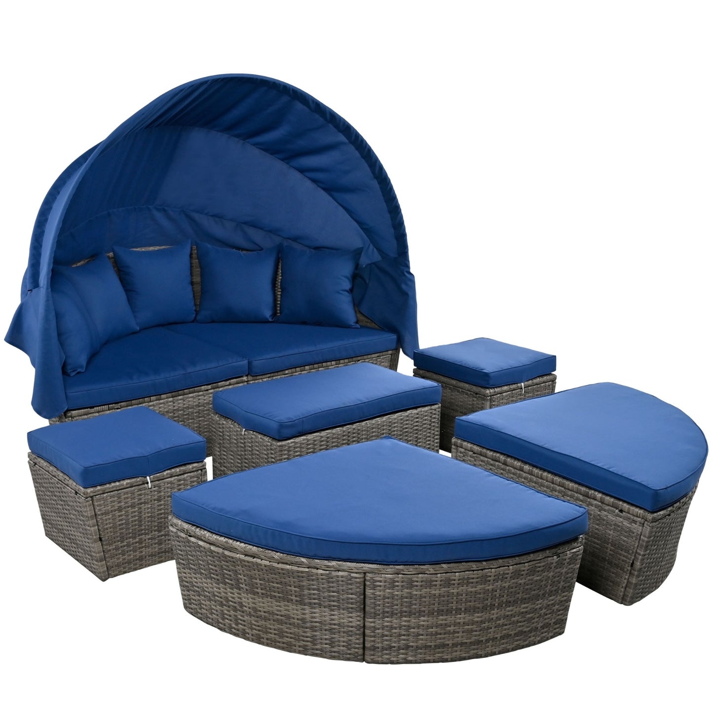 GO Outdoor Rattan Daybed Sunbed With Retractable Canopy Wicker Furniture, Round Outdoor Sectional