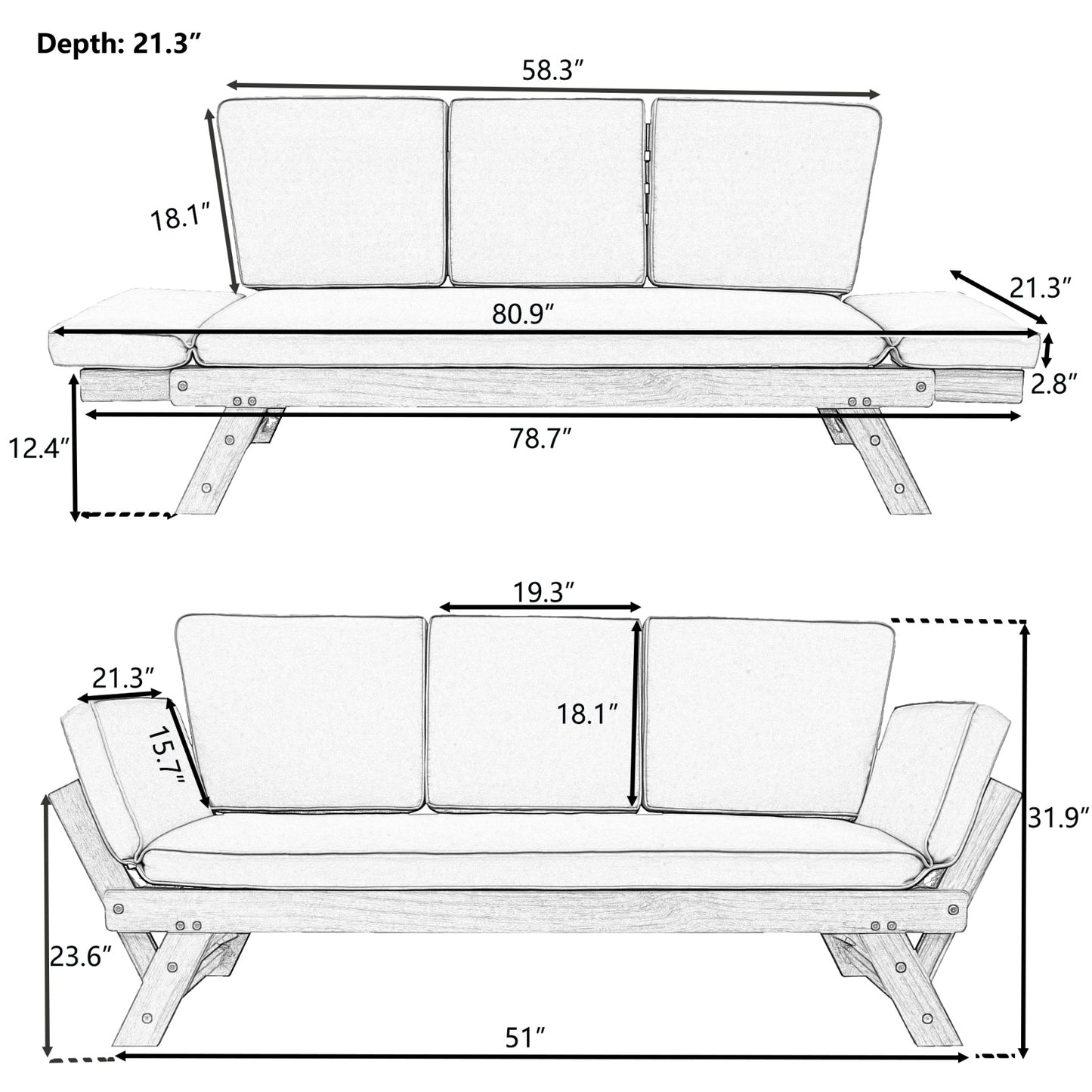 TOPMAX Outdoor Adjustable Patio Wooden Daybed Sofa Chaise Lounge With Cushions