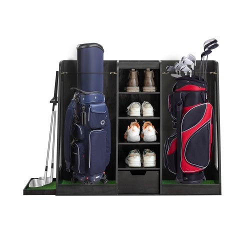 55.5x16x37Wooden Golf Bag Organizer And Storage Rack, High Quality Wooden 2 Golf Bag Rack With Drawers, Easy To Assemble Golf Club Holder Stand With Club Holders On Side,Black