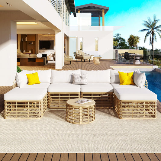 GO 7 Pieces Outdoor Patio Furniture, All-Weather Rattan Sectional Sofa Set With Thick Cushions