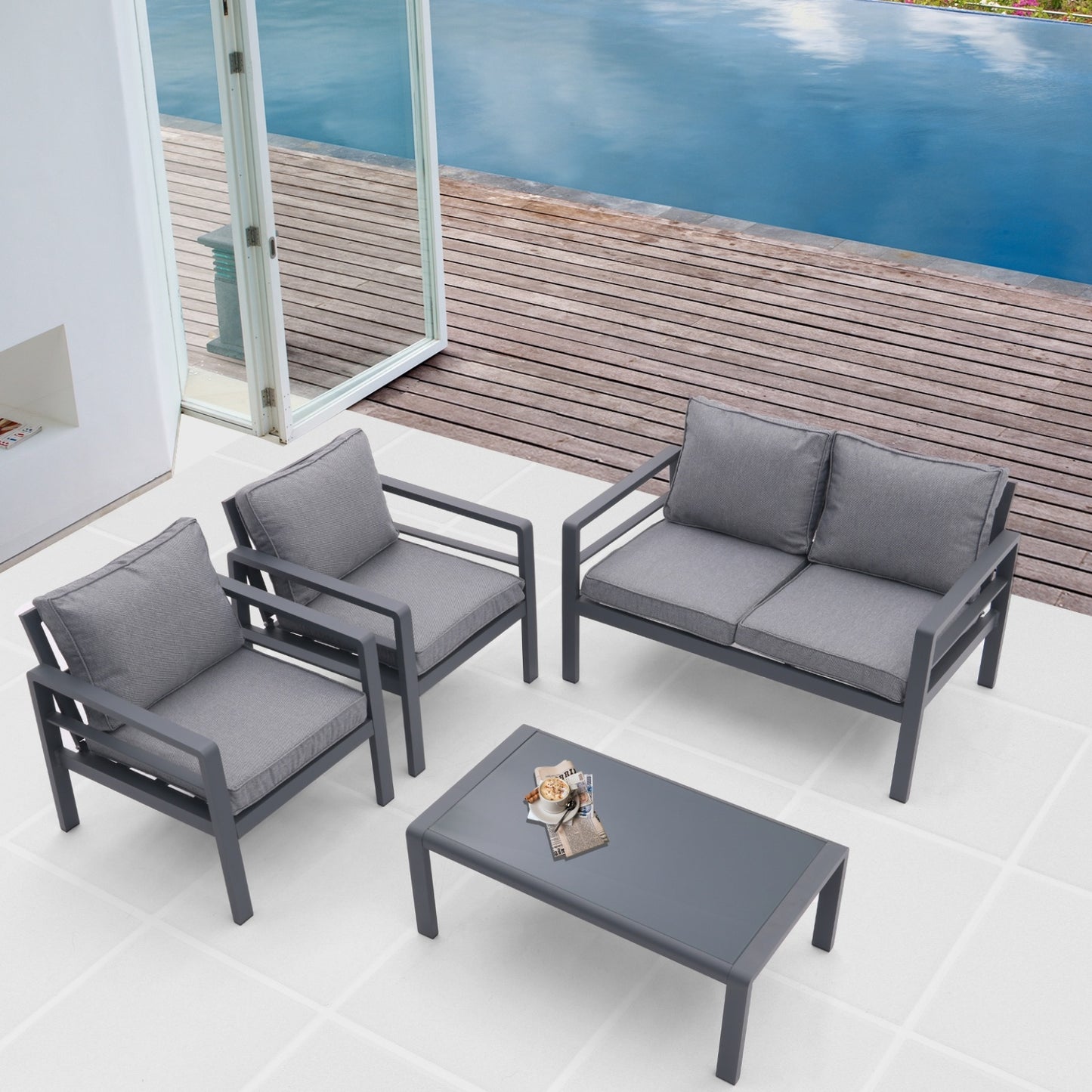 4-piece Aluminum Outdoor Patio Conversation Set,All-Weather Sectional Sofa Outside Furniture