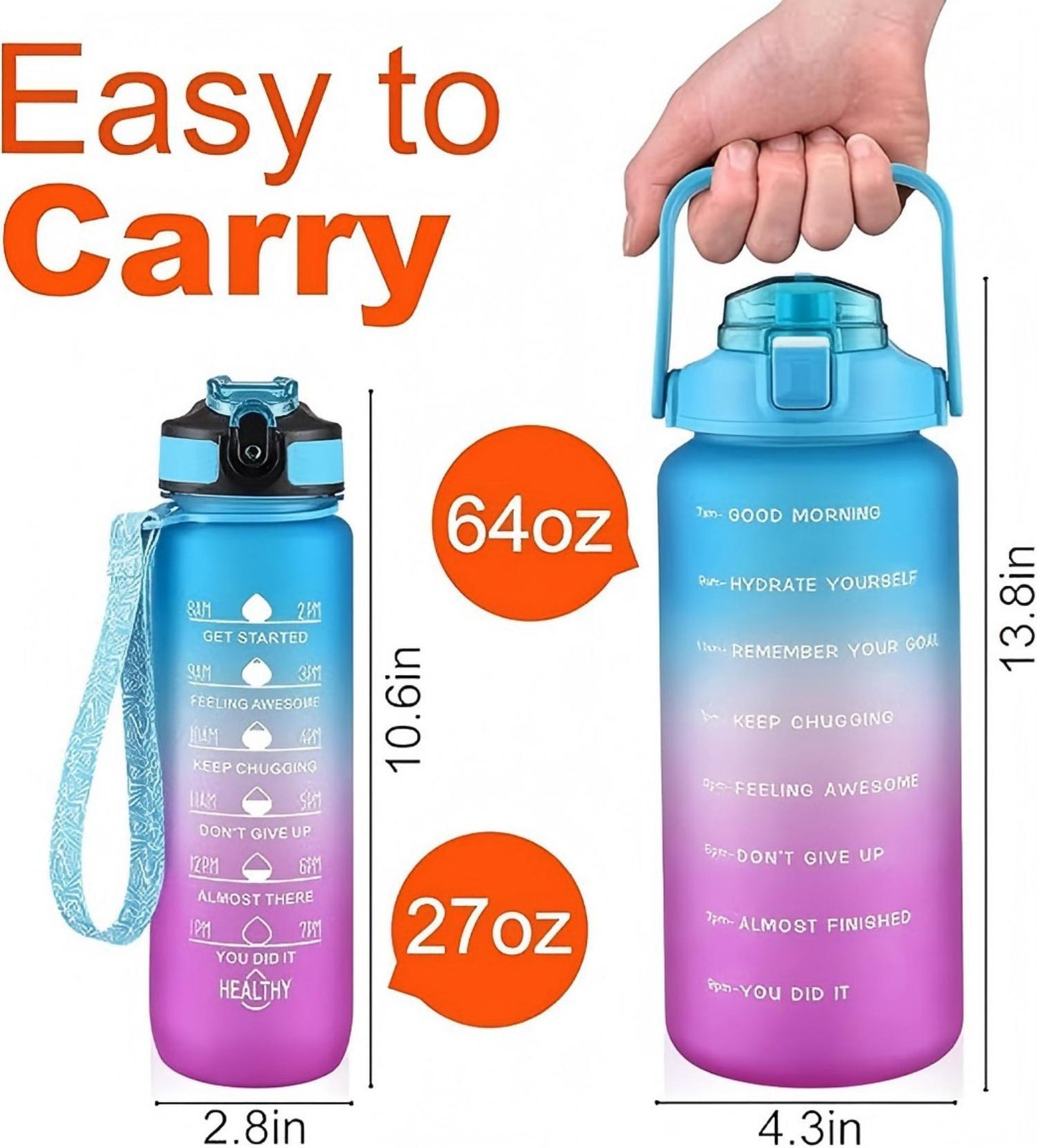 2 Pack Motivational Half Gallon Water Bottle With Straw