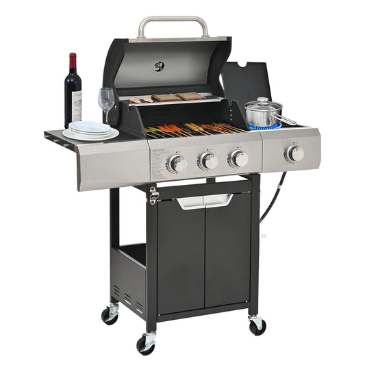 Burner Grill Stainless Steel Gas Grill With Side Stove And Lid Suitable For Outdoor Barbecue, Camping