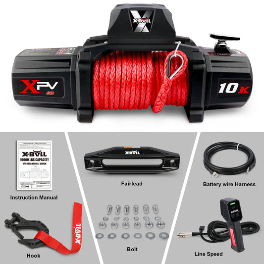 X-BULL Winch - 10000 Lbs BJ Load Capacity Electric Winch Kit - 12V Synthetic Rope Winch, Waterproof IP67 Electric Winch With Rope Fairlead With Wireless Handheld Remote Control And Wired Control Recov