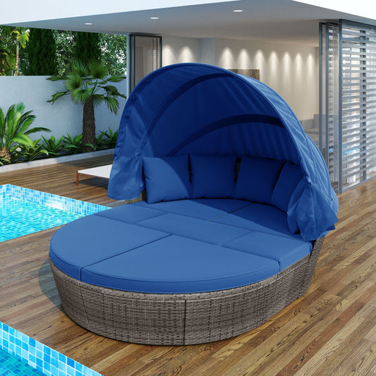 GO Outdoor Rattan Daybed Sunbed With Retractable Canopy Wicker Furniture, Round Outdoor Sectional