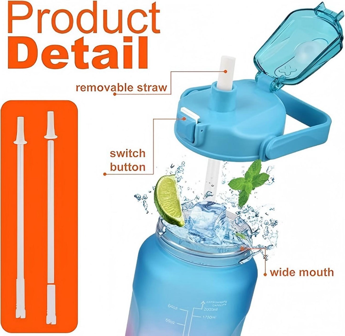 2 Pack Motivational Half Gallon Water Bottle With Straw