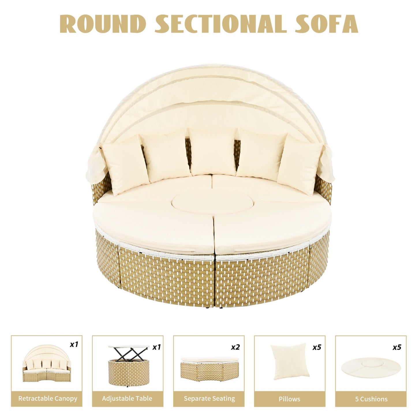 TOPMAX Patio Furniture Round Outdoor Sectional Sofa Set Rattan Daybed Two-Tone Weave Sunbed With Ret