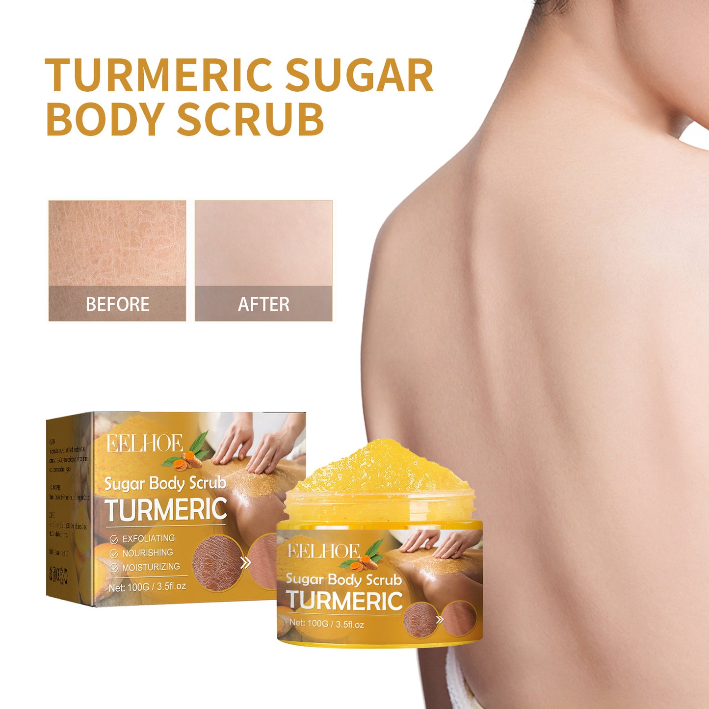 EELHOE Turmeric Body Scrub Lightens Acne Marks, Moisturizes, Refreshes, Smoothes, Rejuvenates, Cleanses & Exfoliates Body Scrubs