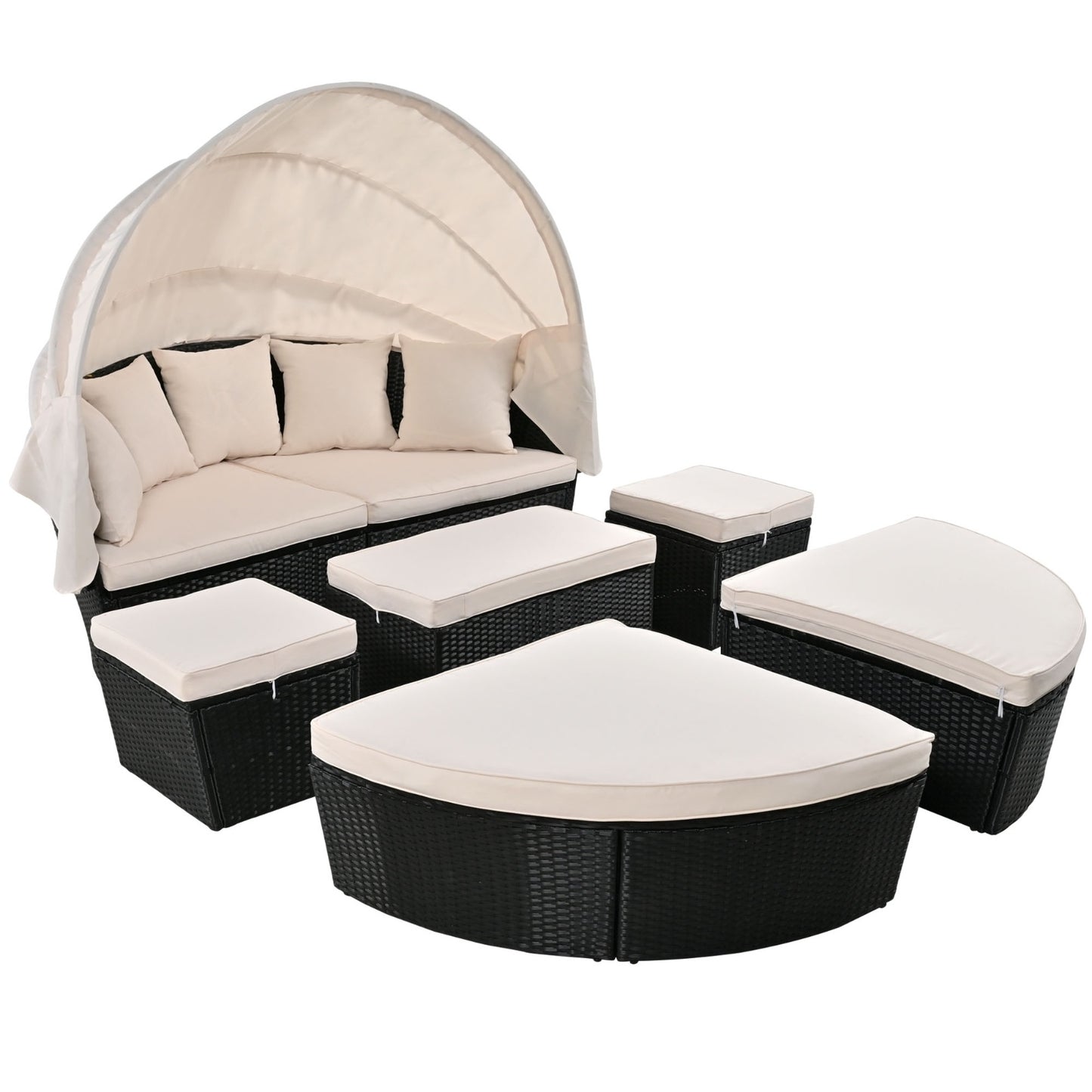 GO Outdoor Rattan Daybed Sunbed With Retractable Canopy Wicker Furniture, Round Outdoor Sectional