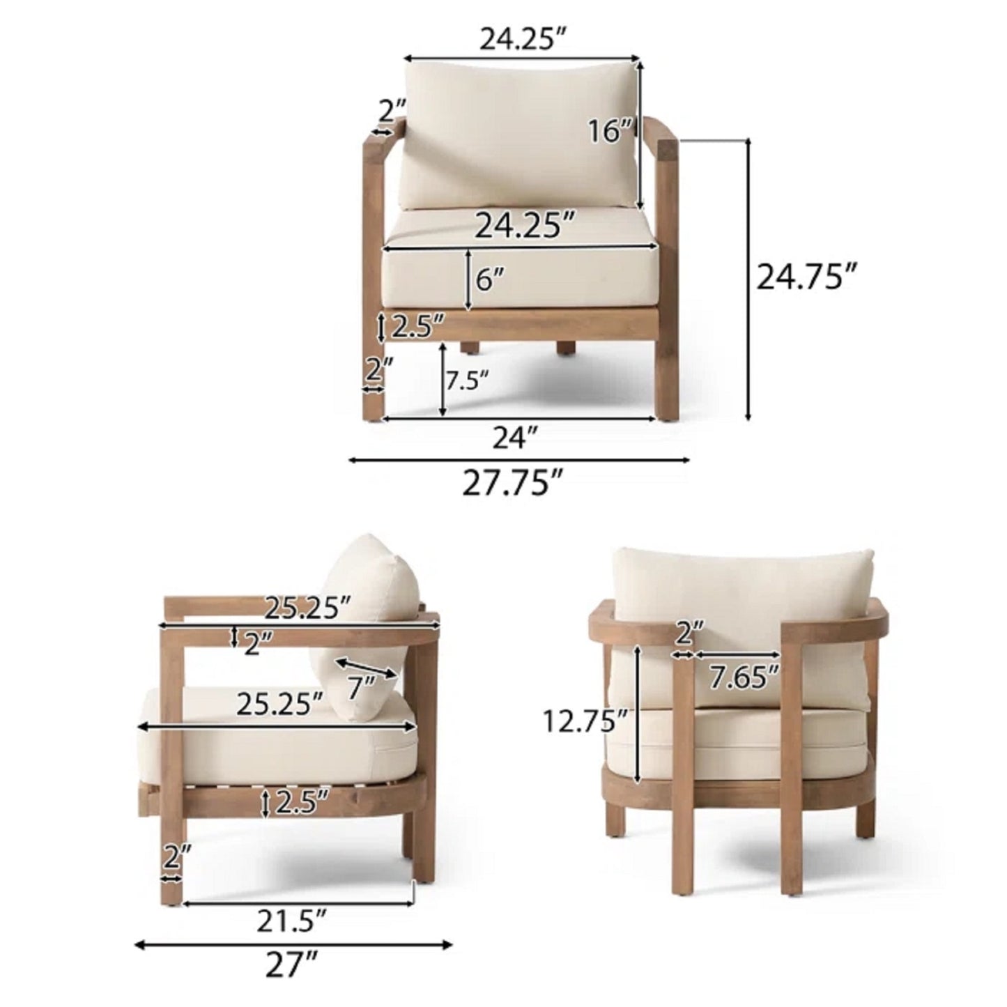 Outdoor Acacia Wood Patio Club Chair, Patio Furniture,Waterproof Thick Cushion Deep Seating For Porc