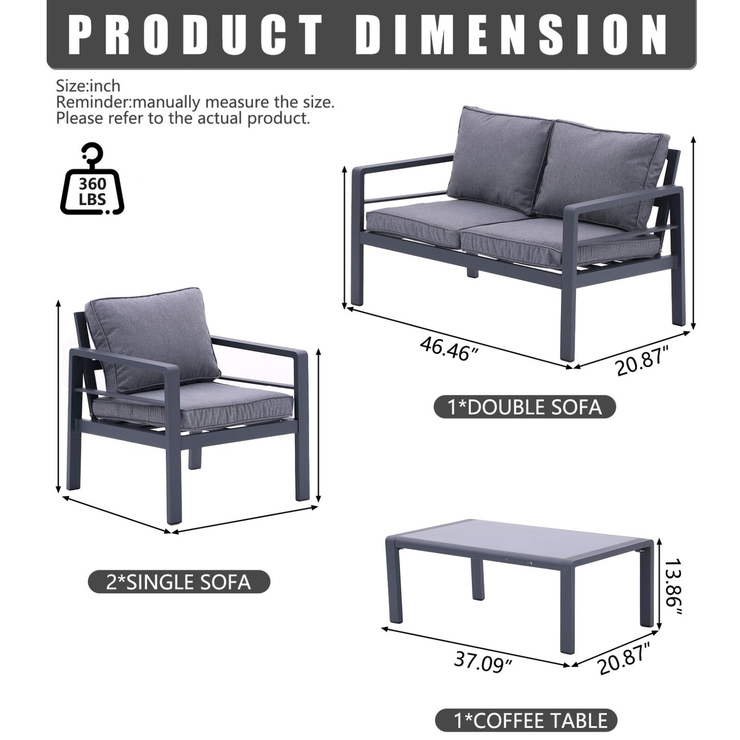 4-piece Aluminum Outdoor Patio Conversation Set,All-Weather Sectional Sofa Outside Furniture