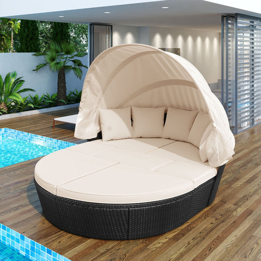 GO Outdoor Rattan Daybed Sunbed With Retractable Canopy Wicker Furniture, Round Outdoor Sectional