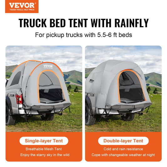 VEVOR Truck Bed Tent, 5.5-6 Pickup Truck Tent With Rain Layer And Carry Bag, Waterproof PU2000mm Double Layer Truck Tent For Camping, Accommodate 2-3 Person, For Camping Traveling Outdoor Activities