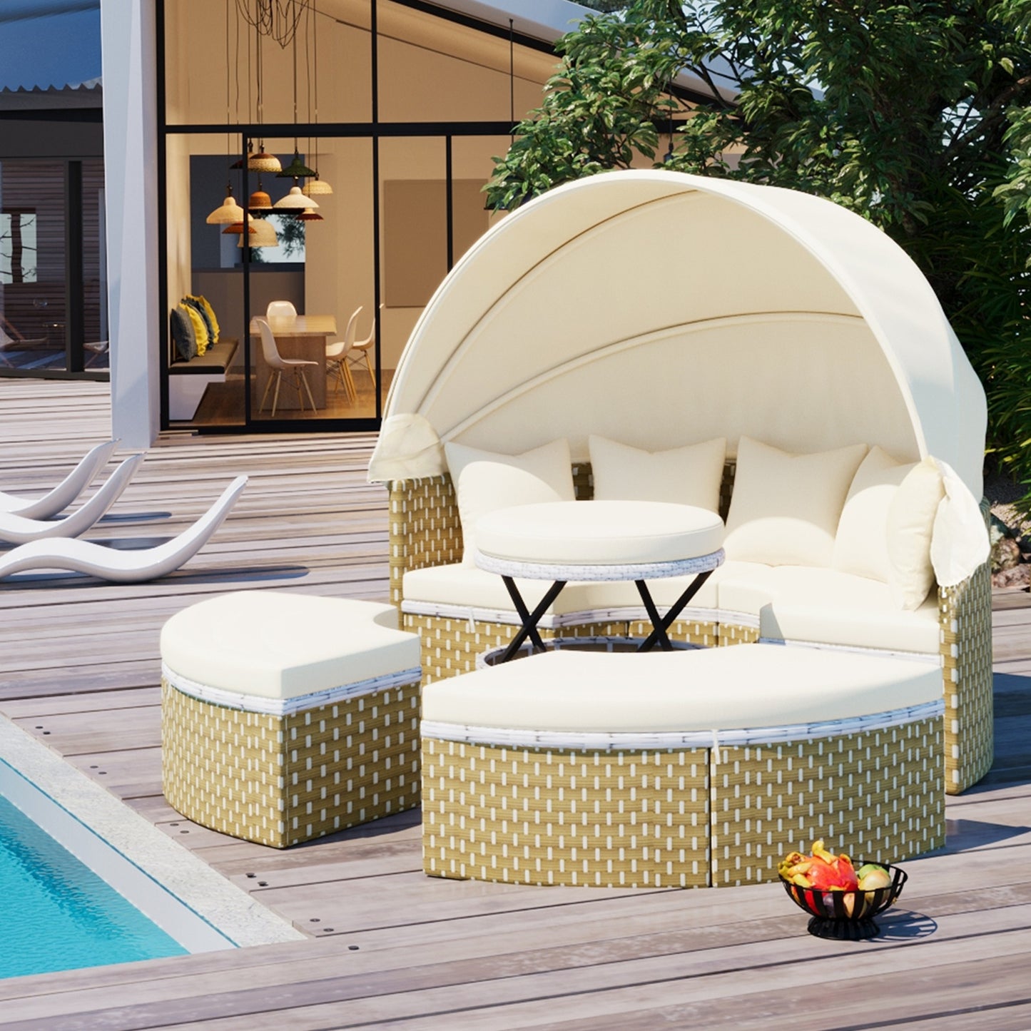 TOPMAX Patio Furniture Round Outdoor Sectional Sofa Set Rattan Daybed Two-Tone Weave Sunbed With Ret