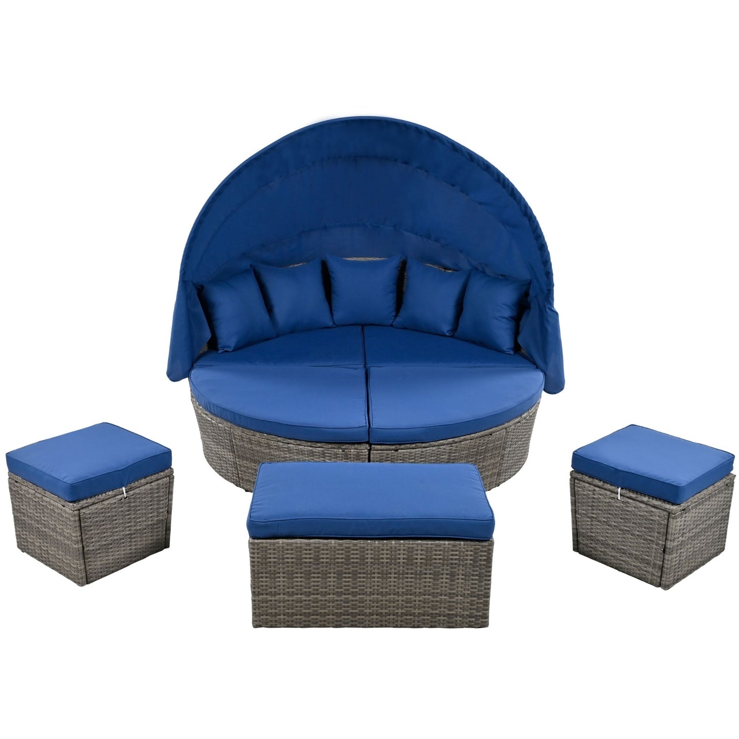 GO Outdoor Rattan Daybed Sunbed With Retractable Canopy Wicker Furniture, Round Outdoor Sectional